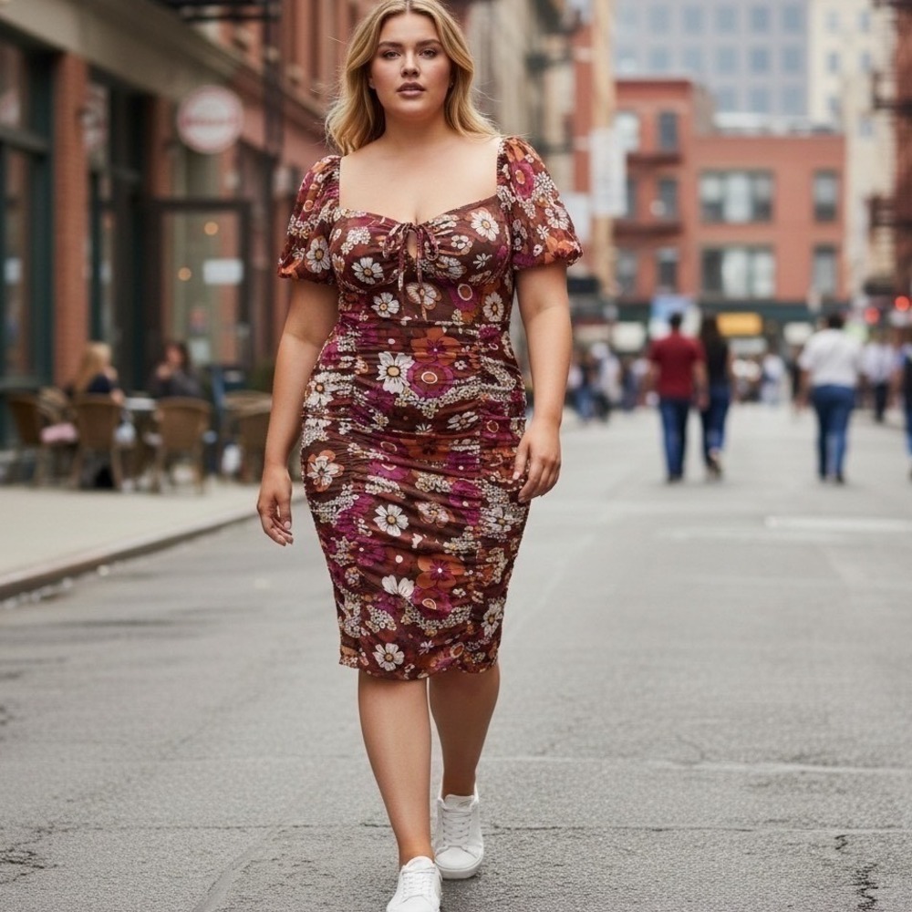 Madden NYC Dress Women XXL Brown Floral Mesh‎ Ruched Bodycon Cutout ND049AB03